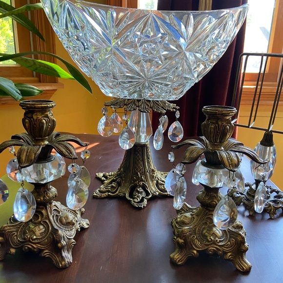 Victorian Antique crystal bowl candle holders and napkin holder
